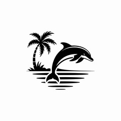 Naklejka premium Minimalist Dolphin and Palm Tree Logo Design in Black and White .