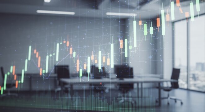 Dynamic financial candlestick chart overlayed on a modern, blurred office interior, symbolizing global market growth, investment opportunities, and economic data analysis.