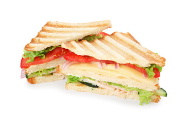 Yummy sandwiches with ham, cheese and vegetables isolated on white