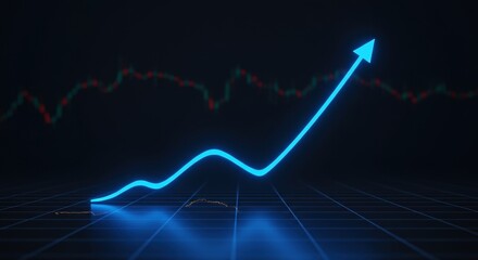 Illuminated blue data visualization depicting a robust upward trend in financial markets, signifying business success and economic prosperity.