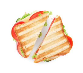 Yummy sandwiches with ham, cheese and vegetables isolated on white, top view