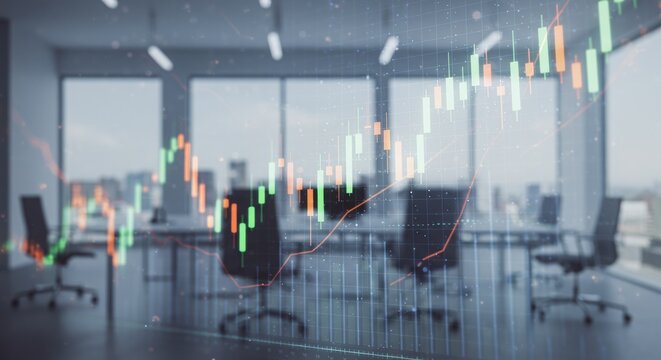 A dynamic financial chart overlays a sleek, modern corporate meeting room, symbolizing market analysis, strategic planning, and global business growth.