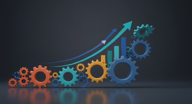 A dynamic visual representation of interconnected gears and a rising arrow symbolizing continuous business growth, strategic development, and efficient system progress.