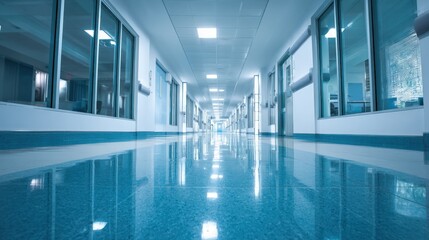 Hospital Hallway with Shiny Floor Reflecting Light, Clean and Modern Interior Design for Healthcare