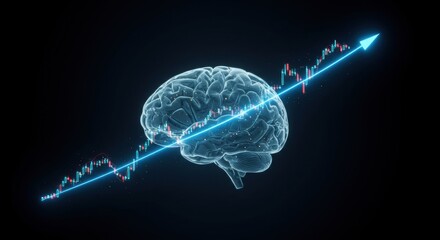 A luminous digital human brain is intersected by an ascending blue financial graph, symbolizing intellectual growth, market progress, and strategic development.