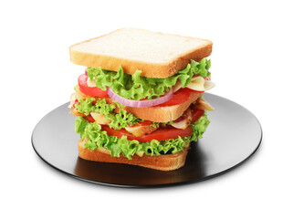 Yummy sandwich with chicken meat and vegetables isolated on white