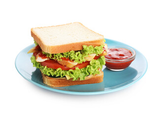 Yummy sandwich with ham, chicken meat, vegetables and sauce isolated on white
