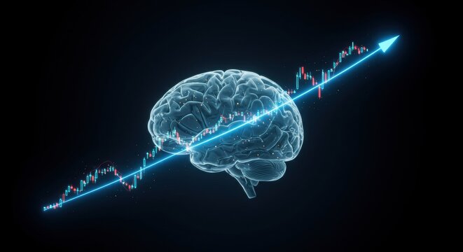 A luminous digital human brain is intersected by an ascending blue financial graph, symbolizing intellectual growth, market progress, and strategic development.