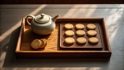 Elegant Tea Time Still Life with Ceramic Teapot and Delicious Cookies on Wooden Tray in Warm Light