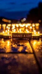 Many small candles in a heart shape, with a sign that says "Thanks a lot" in the foreground