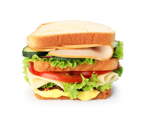 Tasty sandwich with ham, cheese and vegetables isolated on white