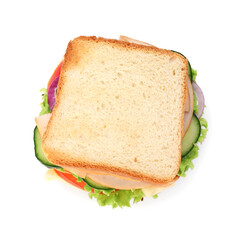 Tasty sandwich with ham and vegetables isolated on white, top view