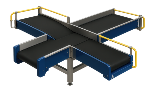Cross-belt conveyor with intersecting belts for sorting applications in a postal service center.