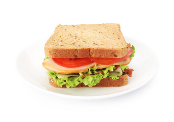 Tasty sandwich with ham, bacon, cheese and vegetables isolated on white
