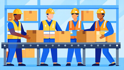 Warehouse workers team moving boxes on a conveyor belt