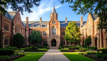 Fototapeta premium Historic red-brick university building with a tall central tower, framed by green trees and a bright blue sky.