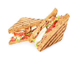 Tasty sandwiches with ham, bacon, cheese cream and vegetables isolated on white