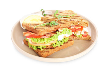 Tasty sandwiches with ham, bacon, cheese cream, vegetables and sauce isolated on white