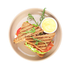 Tasty sandwiches with ham, bacon, cheese cream, vegetables and sauce isolated on white, top view