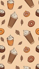 A delightful seamless pattern featuring delicious coffee drinks with whipped cream and sweet donuts interspersed with autumn leaves on a warm inviting background perfect for cafe or bakery branding