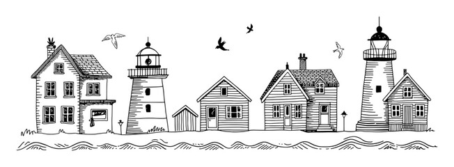 Coastal village scene with lighthouses and houses seaside