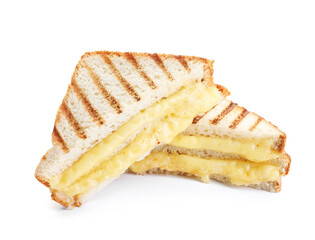 Tasty sandwiches with melted cheese isolated on white