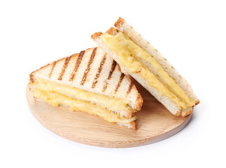 Tasty sandwiches with melted cheese isolated on white