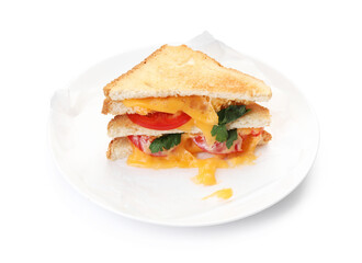 Tasty sandwiches with melted cheese, tomatoes and parsley isolated on white