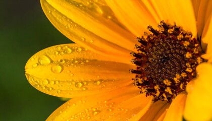Close-up of a bright yellow flower with dew drops