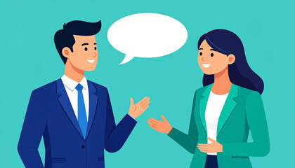 Illustration of a Man and a Woman in conversation with a blank speech bubble above their heads, suggesting communication