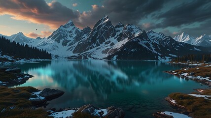 Epic Snowy Mountains and Turquoise Alpine Lake in Cinematic Light V2