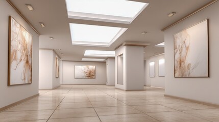 Obraz premium Empty Modern Art Gallery with White Walls and Tile Flooring Showcasing Abstract Paintings for Commercial Use