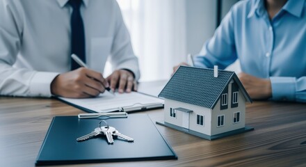 Home Purchase Agreement: Couple Signing Mortgage Documents with Keys and a Model House on the Table