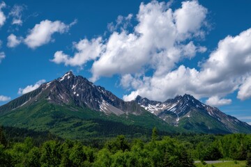 Fototapeta premium Snow-capped mountains rise above lush green forests under a bright blue sky with fluffy white clouds