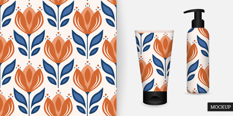 Seamless floral pattern with abstract tulips in terracotta and blue. Folk and Scandinavian style. Vector illustration. Design for textiles, wallpapers, packaging, and digital backgrounds. Mockup.