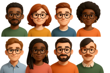 Diverse cartoon characters with glasses isolated on a transparent background people