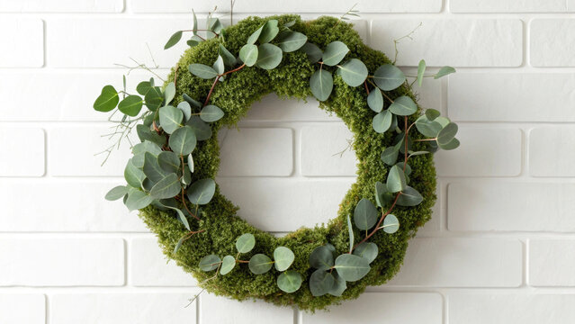A green wreath crafted from lush moss and eucalyptus leaves is displayed on a smooth white brick wall, adding natural beauty to the indoor space - Powered by Adobe