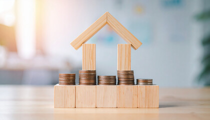 A wooden house model constructed with stacked coins, representing financial stability and home ownership. This image showcases concepts of investment, wealth, and building a secure future