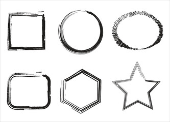 set of six grunge hand drawn geometric shapes including square circle oval hexagon rectangle and star