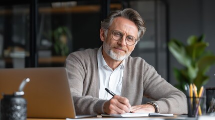 happy mature executive ceo manager using laptop writing notes in notebook at workplace smiling middle aged business man working in office analyzing financial data doing research no logos no brands ar