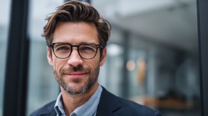 Obraz premium portrait of young businessman wearing eyeglasses and standing outside conference room portrait of happy business man wearing spectacles and looking at camera with copy space satisfied proud man no lo