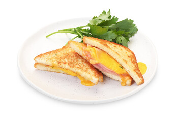 Delicious sandwiches with melted cheese, ham and parsley isolated on white
