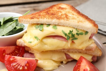 Delicious sandwiches with melted cheese, ham and tomatoes on table, closeup