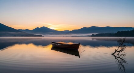 Serene Sunrise: A Boat on a Misty Lake