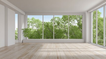 Bright Empty Room with Large Windows Overlooking Green Trees, Ideal for Showcasing Interior Design Potential