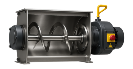 Trough mixer with a single horizontal shaft and spiral blades for mixing moist solids in a feed mill