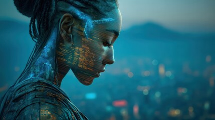 A futuristic woman with digital code on her face and body looks down thoughtfully against a blurred cityscape at dusk