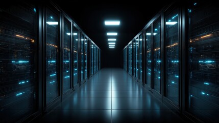 A modern, dimly lit data center corridor featuring rows of server racks illuminated by blue LED lights