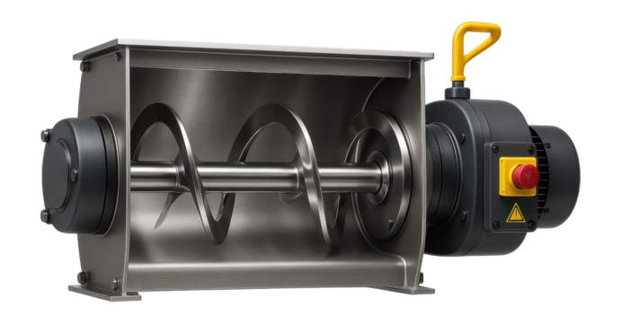 Trough mixer with a single horizontal shaft and spiral blades for mixing moist solids in a feed mill