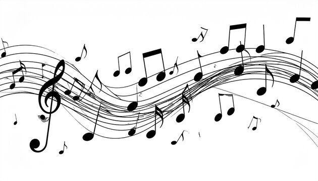 A dynamic musical composition with flowing staff lines, treble clef, and scattered notes, symbolizing rhythm, harmony, and creative expression.